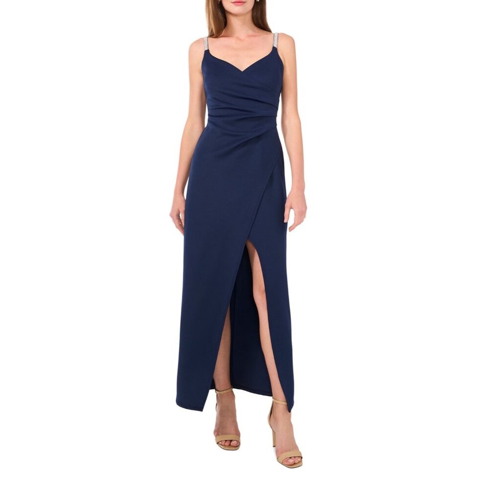 MSK Navy Sleeveless Gown With Draped Front & Rhinestone Straps Size 16